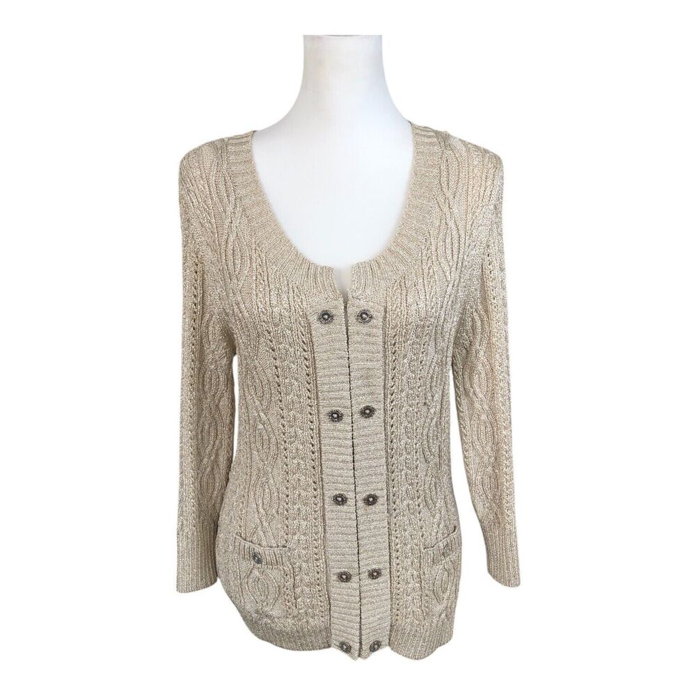 White House Black Market Beige Gold Shimmer Corporate Core Cable Knit Cardigan M